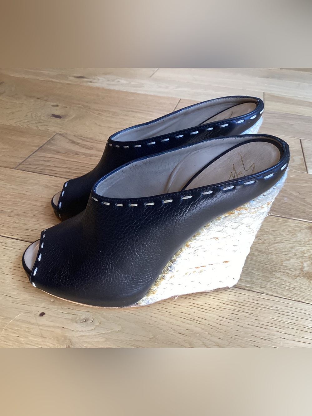 Giuseppe Zanotti black, leather espadrille wedge peep toe mules